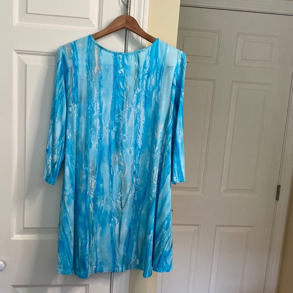 WindiRiver, Small, Aqua and White, Tunic stretch high low, Slits on sleeves - Picture 2 of 8